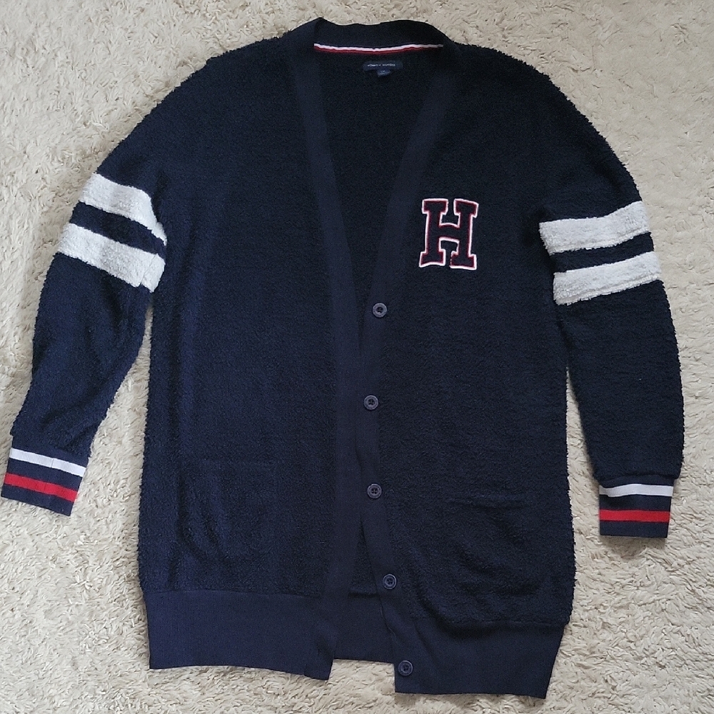 Tommy Hilfiger Blue and White Cardigan Sweater with Varsity Stripes